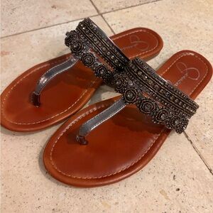 Jessica Simpson Beaded Sandals in Brown and Silver